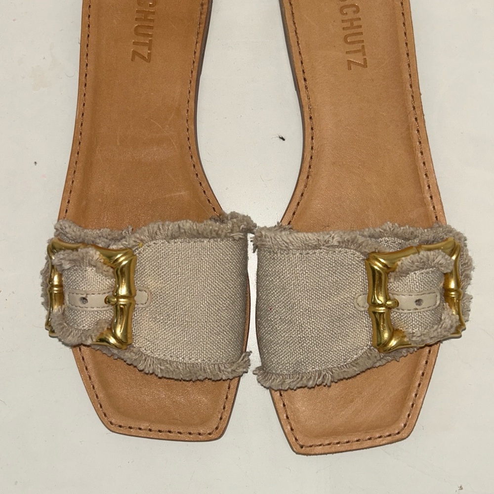 SCHUTZ Tan and Gold Sandals with Square-Toe Design